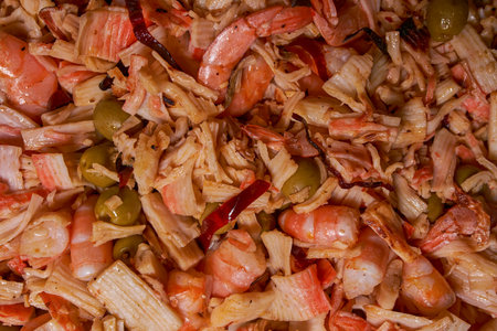 Shrimp and fish ceviche with surimi stewed with olives and peppersの写真素材