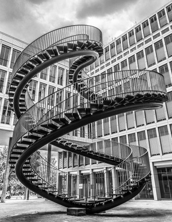 A grayscale shot of the Endless Stairway, Bavaria, Germanyの写真素材