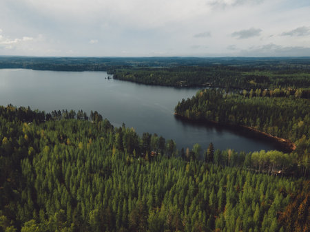 An aerial view of the beautiful Nordic Lake and forests in Finlandの写真素材