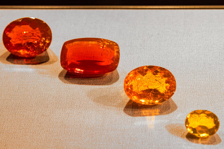 A row of shiny, bright amber gemstones in various shapes and sizes on display in a museum