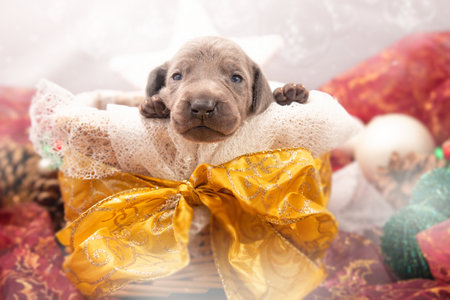 A closeup of a small and adorable weimaraner puppy in a basket as a Christmas giftの写真素材