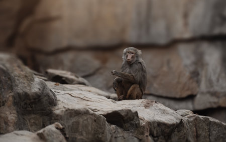A cute baby Hamadryas baboon monkey staring at the viewer while sitting alone on a stoneの写真素材