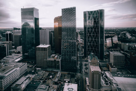 A grayscale shot of downtown Calgary. Alberta, Canada. Dark urban background.の写真素材