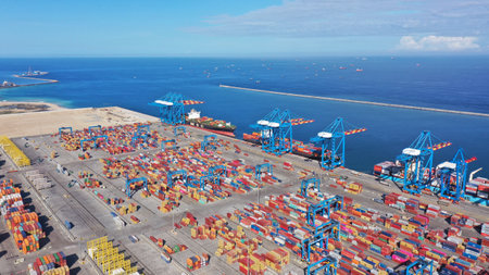 An aerial shot of the Tema seaport in Ghana under the cloudy skies