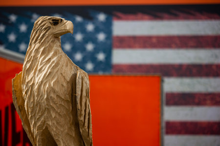 A closeup of an American Bald Eagle with the US flag - symbols of the United Statesの写真素材