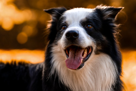 A c black and white Border Collie on a blurred bokeh backgroundの写真素材