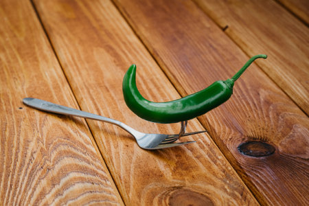 A green chili pepper on a fork on a wooden tableの写真素材
