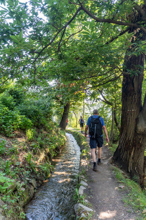 A vertical shot of hikers on a walking trail along the Waalweg irrigation canal in South Tyrolの写真素材