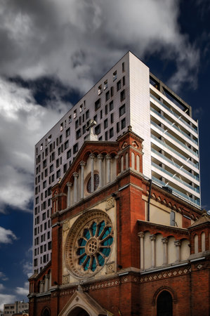 A vertical shot of St Joseph's Cathedral in Bucharest, Romaniaの写真素材