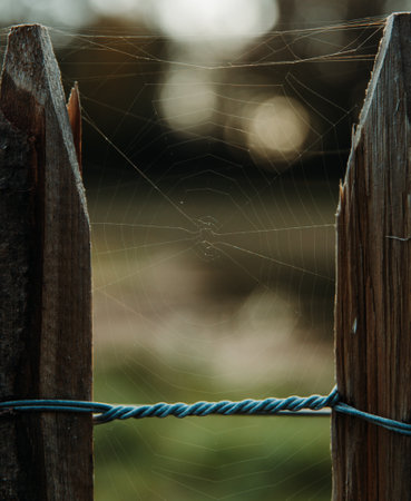 A closeup of a spiderweb on a blurred backgroundの写真素材