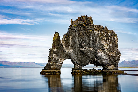 A Hvitserkur troll rock is a 15-meter high basalt stack located off the shore of north-west Icelandの写真素材