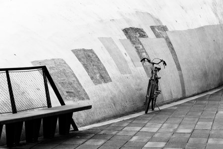 A scenic black and white shot of a bicycle parked around a half-spherical buildingの写真素材