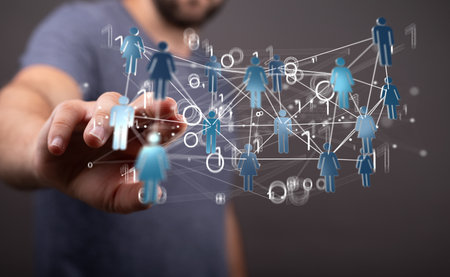A 3D rendering of an Abstract technology group and social network connection on a blurry backgroundの写真素材