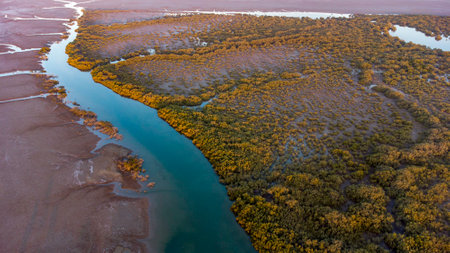 An aerial view of a beautiful landscape and the sea, Karachi coast, Pakistanの写真素材