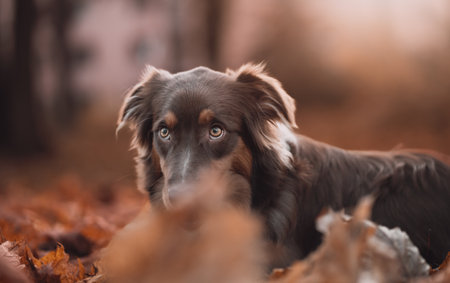 A portrait of a beautiful brown and white domestic Australian Shepherd dog posing in nature at sunsetの写真素材