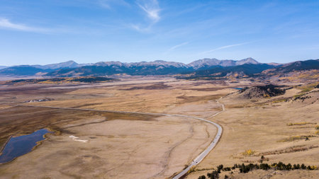 An aerial view of a deserted area in the background of the Rockies, near Denver, Colorado, USAの写真素材