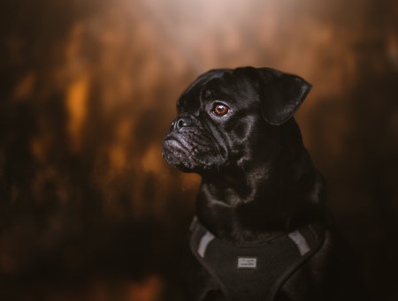 A portrait of a cute black domestic pug in a leash jacket posing in nature, looking asideの写真素材