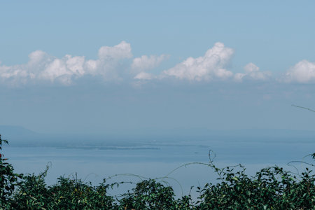 A beautiful shot of bushes and floating clouds near a blue sea