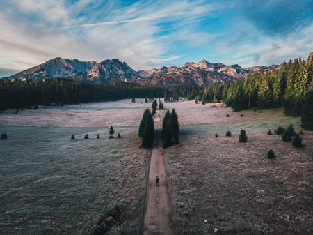 Photo of man walking the road with mountains in the backgroundの写真素材