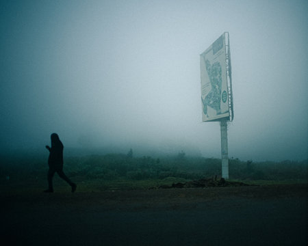 The big informational board about Tilisi city in Kenia with a green field in the background