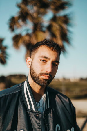 A young handsome Caucasian male posing at a beach resort