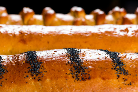 Delicious freshly baked buns; the focus is on the one with poppy seeds