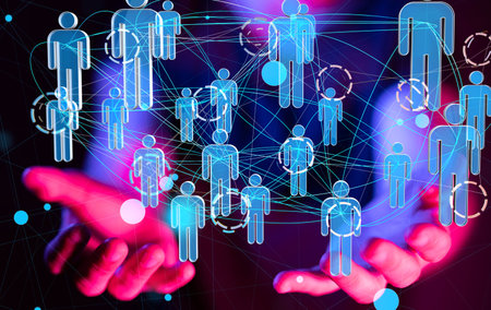A male hand silhouette showing a digital organization network