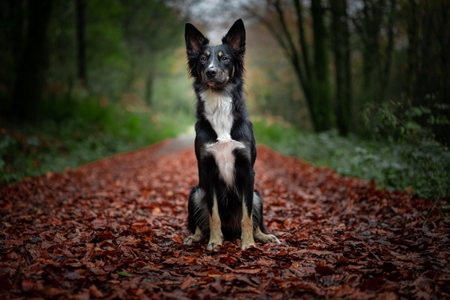 A selective of a Border Collie dog in an autumn forest