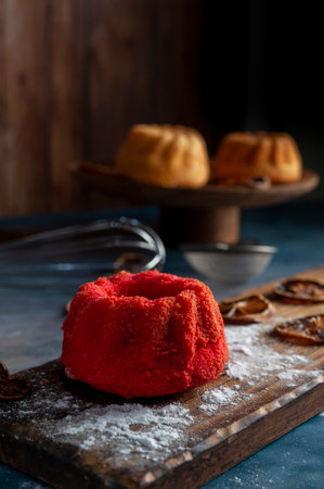 A red cake on a wooden board