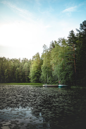 A vertical shot of a wooden pier and a boat on a calm lake during daylightの写真素材
