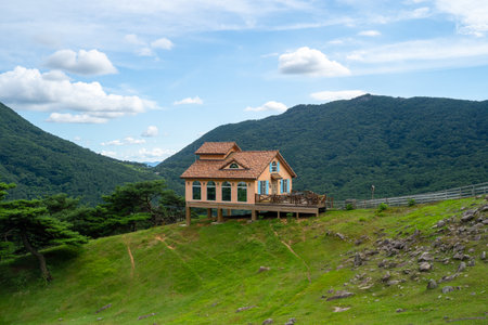 A house on top of a mountain in South Koreaの写真素材