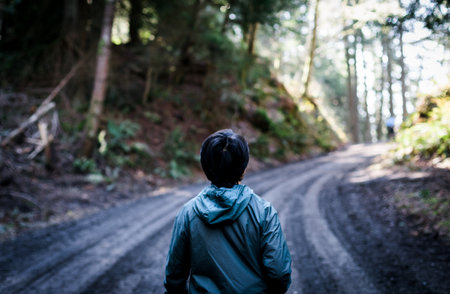 A back view of a tourist in the forestの写真素材