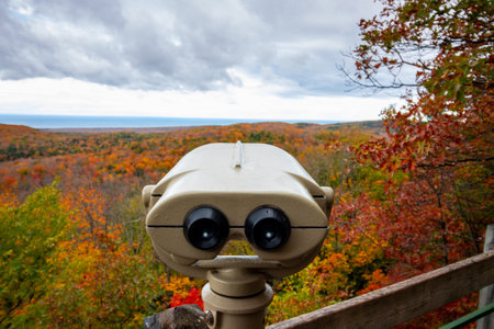 A closeup of an observation binocular in the Porcupine Mountains in autumn in Michiganの写真素材