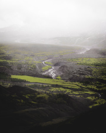 The vast landscape is seen from the top of Mt St Helens Volcano in Washington, United Statesの写真素材