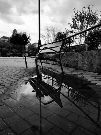 Reflection of a bench in the water after the first autumn rains. Black and white photography.の写真素材