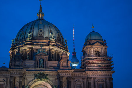 A night view of the Berlin Cathedral and the Fernsehturm, Germanyの写真素材