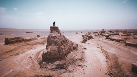 A view of the male on the rock in the big desertの写真素材