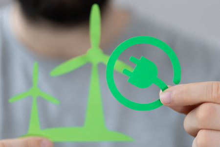 A man holding a green electrical plug icon against the wind turbinesの写真素材