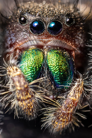 A macro shot of a hairy tarantula against a blurred backgroundの写真素材