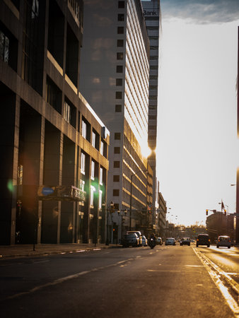 A busy street with modern buildingsの写真素材