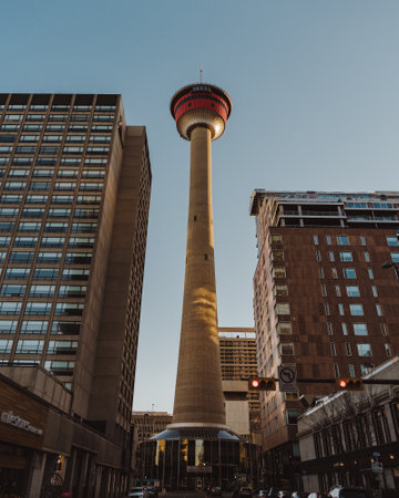 A vertical shot of the Calgary Tower in Canada on clear sky backgroundの写真素材
