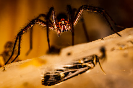 A macro shot of a spider on a rough surface against a blurred background