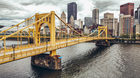 A beautiful view of the famous Rachel Carson Bridge in Pittsburgh, Pennsylvaniaの写真素材
