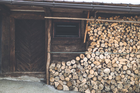 A front view of a woodpile at the old house in Spania Dolina, Slovakiaの写真素材