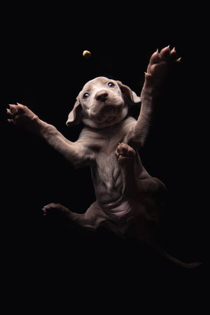 A vertical shot of an adorable weimaraner puppy on a black backgroundの写真素材