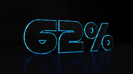 sixty-two percent (sixty two) black stone and blue glow, 3d render illustration.の写真素材