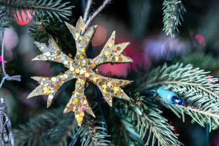 A closeup of Christmas ornaments on display