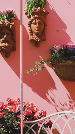 A vertical shot of flowers in artsy pots hanging from a pink wallの写真素材