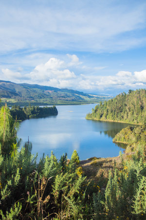 A beautiful view of a lake and a forest under the blue sky