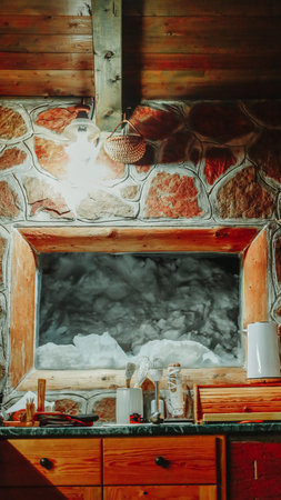 A vertical shot of a window in an old wooden window in winteの写真素材